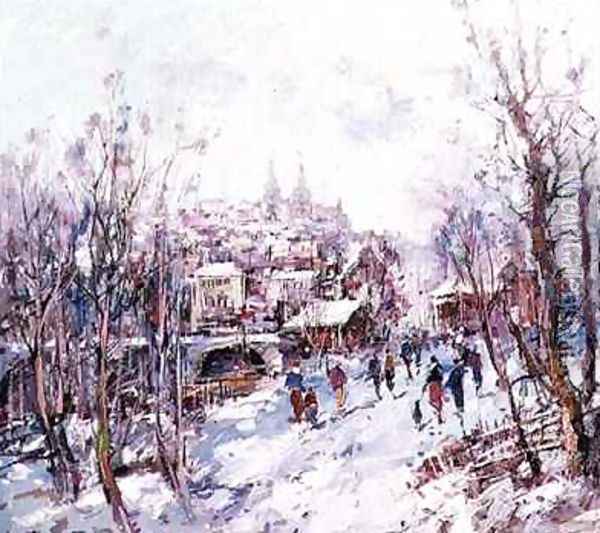 Winter Scene in a French Cathedral Town Oil Painting - Heinrich Hansen