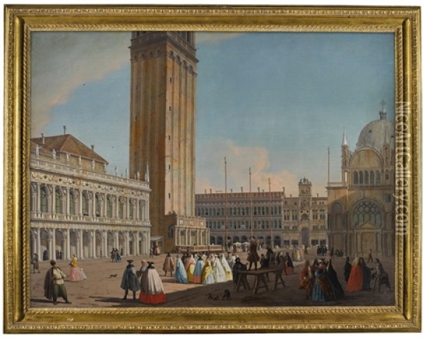 Venice, The Piazzetta Looking North-west Towards The Campanile, With The Biblioteca, The Procuratie Vecchie, The Torre Dell'orologio And Numerous Figures In Carnival Costume And A Man In Polish Dress Oil Painting - Giovanni Richter