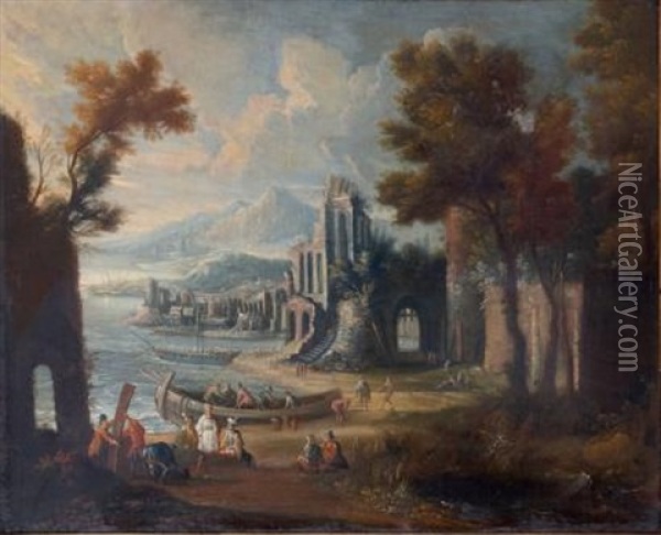 Scene De Port Mediterraneen Avec Trois Orientaux Oil Painting - Jan-Baptiste van der Meiren