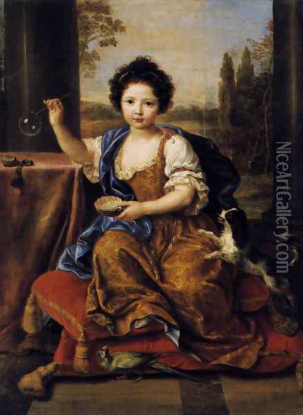 Girl Blowing Soap Bubbles 1674 Oil Painting - Pierre Mignard