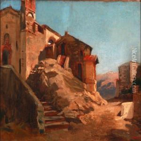 Landskab Fra Olevano, Med En Kirke Oil Painting - Wilhelm Marstrand