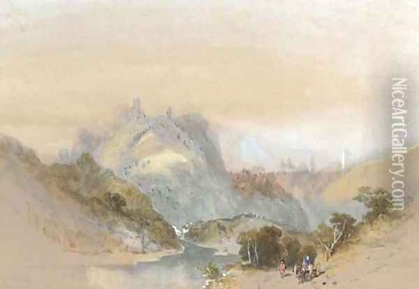 Figures on a country road in a mountainous landscape Oil Painting - William Richardson