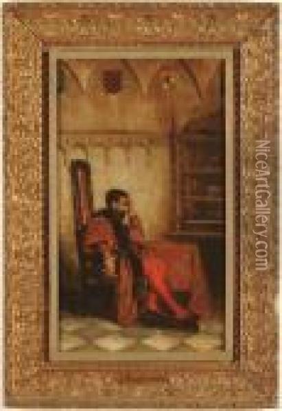 A Contemplating Nobleman In His Library Oil Painting - Jose Moreno Carbonero