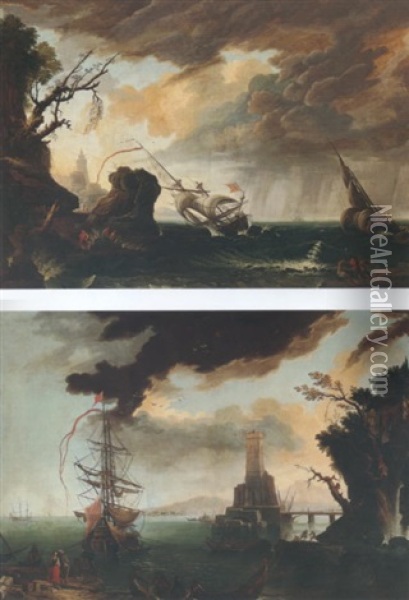 Stormy Seas With A Shipwreck Off A Rocky Coast Oil Painting - Adrien Manglard
