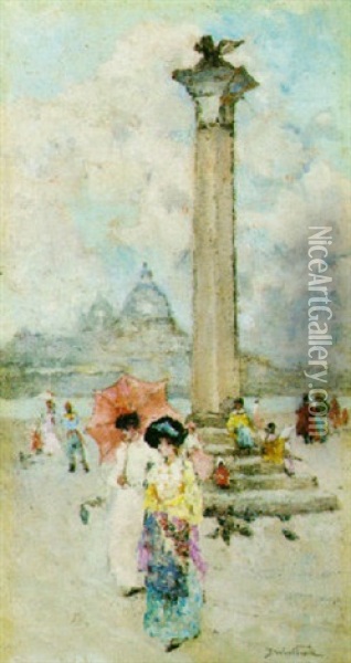 The Lion Pillar Of St. Mark's, Venice Oil Painting - David Woodlock