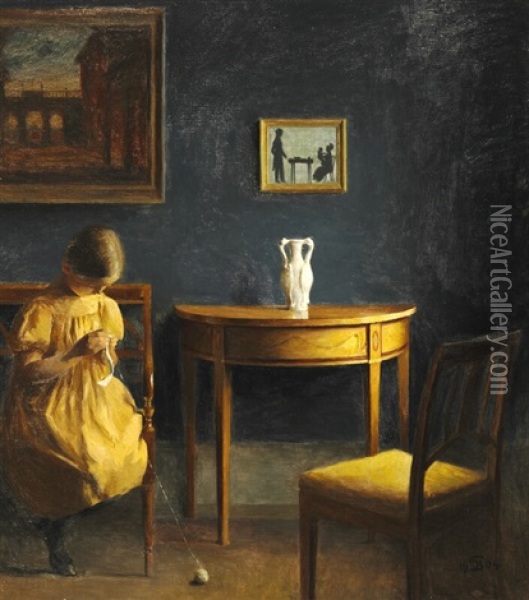Interior From Ilsted's Home With His Daughter Knitting Oil Painting - Peter Vilhelm Ilsted