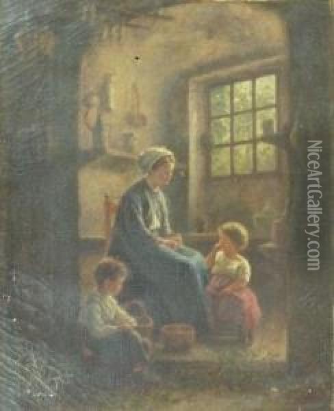 Mother And Children In Cottage Interior Oil Painting - Edouard Frere