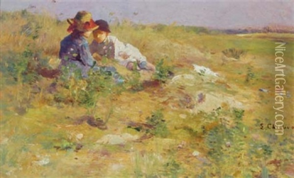 Rendez-vous In The Grass Oil Painting - Luigi Chialiva