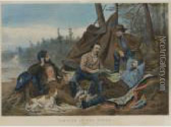 Camping In The Woods: A Good Time Coming And Laying Off (gale 864-65) Oil Painting - Currier & Ives Publishers