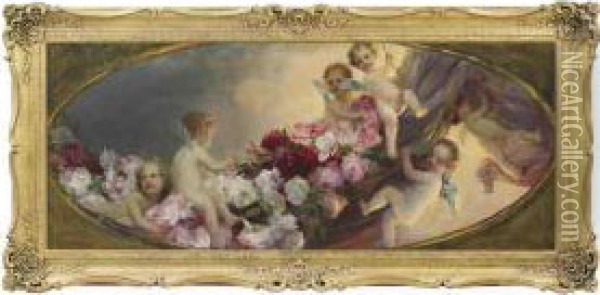 Putti With Flowers, Feigned Oval Oil Painting - Franz Wobring