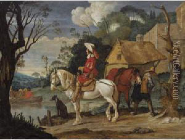 River Landscape With Cavaliers Waiting For A Ferry Oil Painting - Pieter Boddingh Van Laer