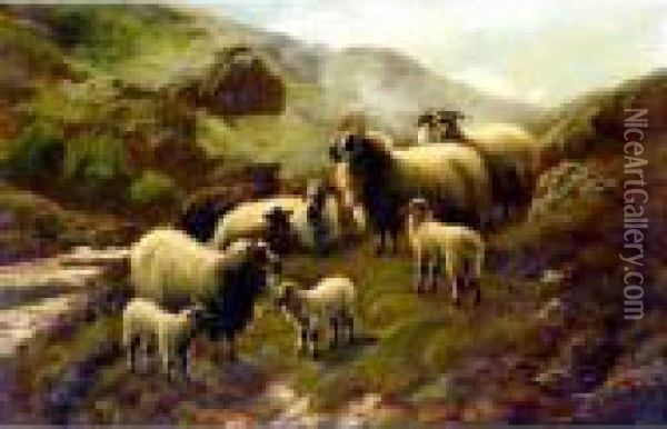 Highland Cattle Watering; Landscape With Sheep Oil Painting - Robert Watson