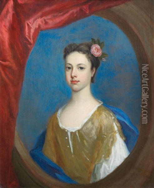 Portrait Of A Girl, Half-length, In A Yellow Dress, Within A Draped Stone Cartouche Oil Painting - John Closterman