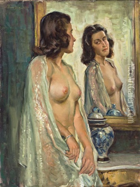 Reizvoller Weiblicher Akt Vor Einem Spiegel Oil Painting - Wilhelm Hempfing