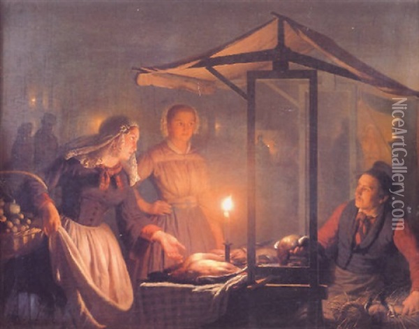 Young Women At A Market Stall By Moonlight Oil Painting - Petrus van Schendel