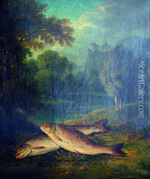 Two Trout On A River Bank Oil Painting - George Hilditch