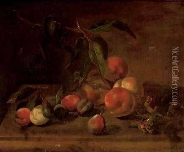 Peaches, plumbs and hazelnuts on a stone ledge Oil Painting - Tobias Stranover