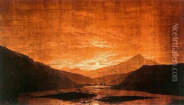 Mountainous River Landscape (Night Version) 1830-35 Oil Painting - Caspar David Friedrich