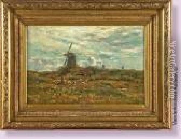 Bergere Et Ses Moutons Dans Un Paysage Aux Moulins A Vent Oil Painting - Frans Courtens