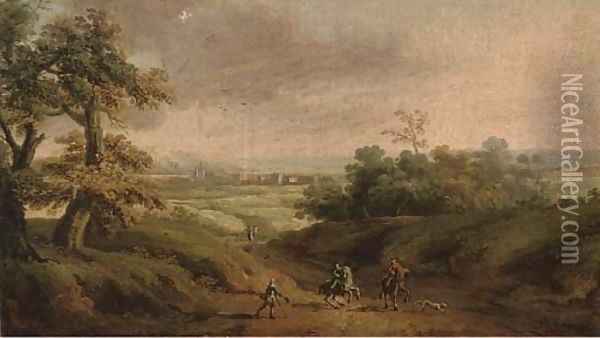 An extensive landscape with horsemen and a beggar in the foreground Oil Painting - Peter Tillemans
