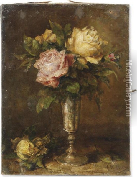 Pink And Yellow Roses In A Glass On A Ledge Oil Painting - Antoine Vollon
