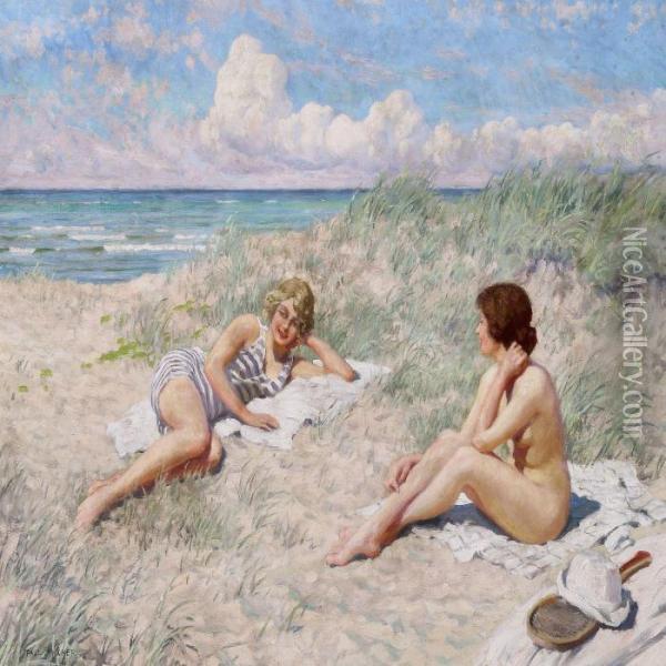 Two Young Women In The Sand Dunes, Hornb k Oil Painting - Paul-Gustave Fischer
