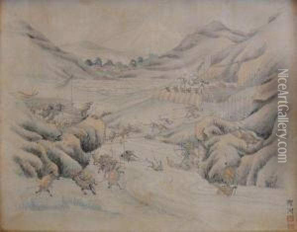 Guerre Des Tortues Et Des Grenouilles Pres D'une Riviere Oil Painting - Yoshida Shuko