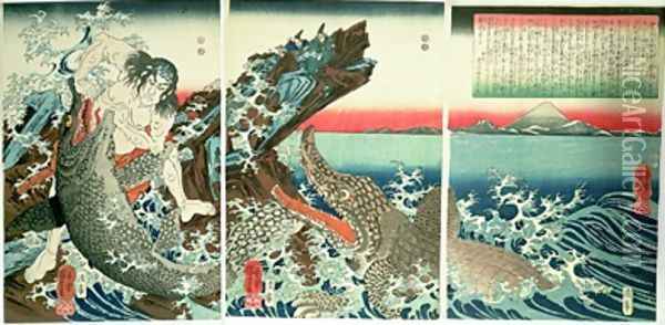 Asahina Saburo and the crocodiles Oil Painting - Utagawa Kuniyoshi