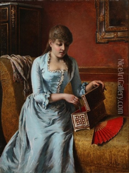 Young Girl With A Jewellery Case And A Fan Seated On A Chaise Longue Oil Painting - Agapit Stevens
