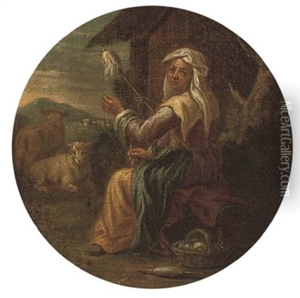 A Landscape With A Woman Spinning Wool (+ A Landscape With A Cobbler; Pair) Oil Painting - Johann Heinrich Roos