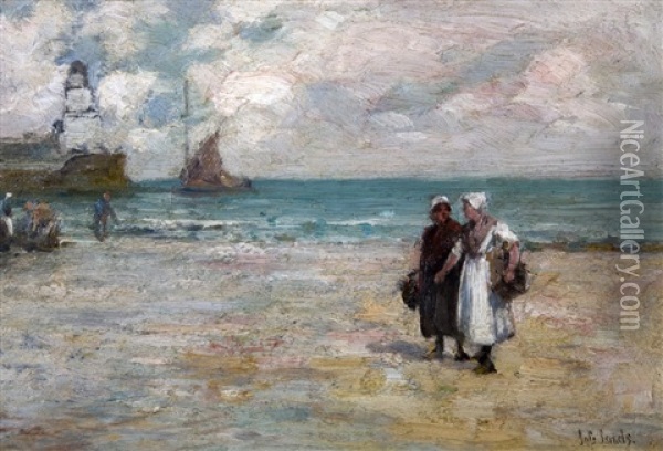 Seascape With Two Ladies On Beach Oil Painting - Jozef Israels