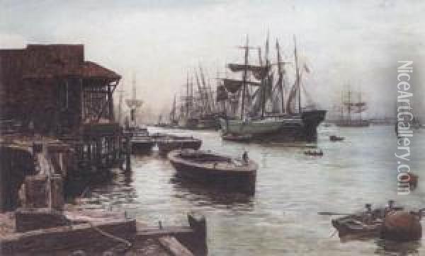 Boats At Dock On The River Oil Painting - Thomas Marie Madawaska Hemy