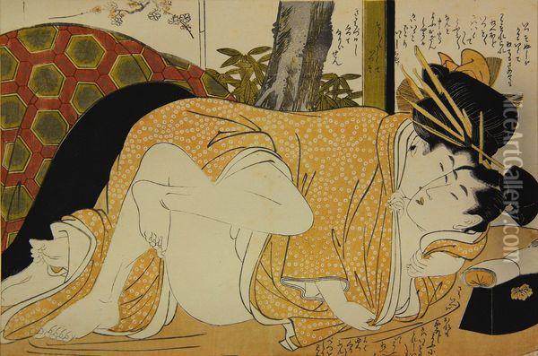 Couple Enlace Devant Des Bambous. Oil Painting - Kitagawa Utamaro