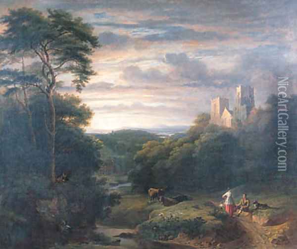 Figures resting in a wooded Valley with a derelict Church on a Hilltop Oil Painting - James Arthur O'Connor