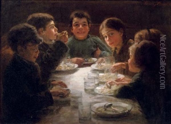 A Children's Dinner Oil Painting - Wally (Walburga Wilhelmina) Moes
