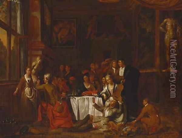 Elegant company feasting and making music in an interior Oil Painting - Jan Josef, the Elder Horemans