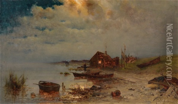 Abendliche Flusslandschaft (collab. W/workshop/studio) Oil Painting - Yuliy Yulevich (Julius) Klever