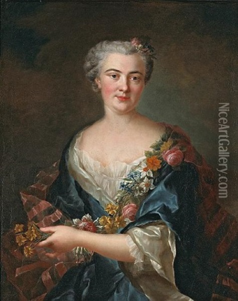 A Portrait Of The Comtesse De Beaumont Holding Flowers Oil Painting - Francois Hubert Drouais