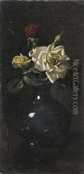 Blue Vase With Roses Oil Painting - Edward Chalmers Leavitt