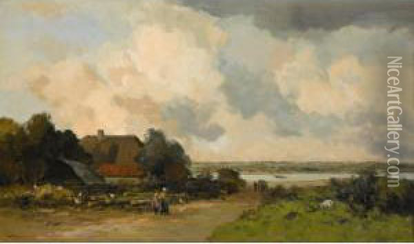 A Summer Landscape With Figures Near A Farm Oil Painting - Willem George Fred. Jansen