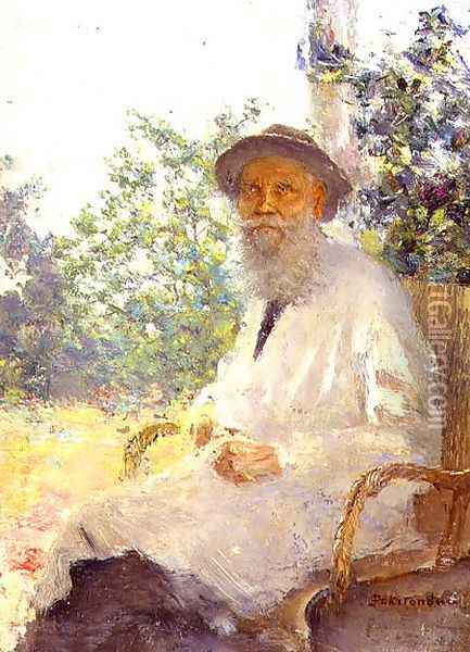 Portrait of Lev Nikolaevich Tolstoy 1828-1910 on the Terrace, 1905 Oil Painting - Ivan Pokitonov