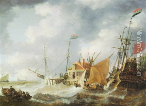 Harbor Scene With Approaching Storm Oil Painting - Bonaventura Peeters the Elder