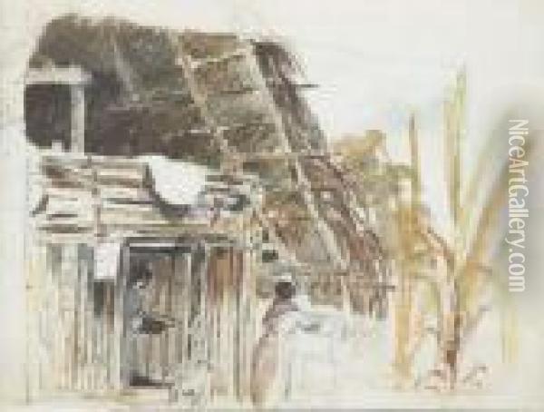 A Hut With Two Women And A Dog 
In The Foreground, Galipan (recto);studies Of Women And A Men In A Hat 
(verso) Oil Painting - Camille Pissarro