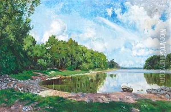Svensk Skovparti Med So Oil Painting - Olof Arborelius