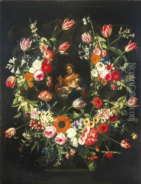 The Virgin And Child In A Stone Niche, Surrounded By Garlands Of Flowers Oil Painting - Gaspar Pieter Verbrueggen the Elder