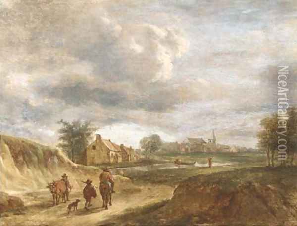 A river landscape with travellers on a track, a town beyond Oil Painting - David The Younger Teniers