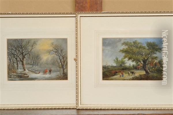 Figures In A Winter Landscape (+ Figures And A Donkey In A Summer Landscape; Pair) Oil Painting - Robert Burrows