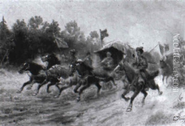 Mongolische Reiter In Der Winterlichen Steppe Oil Painting - Adolf (Constantin) Baumgartner-Stoiloff