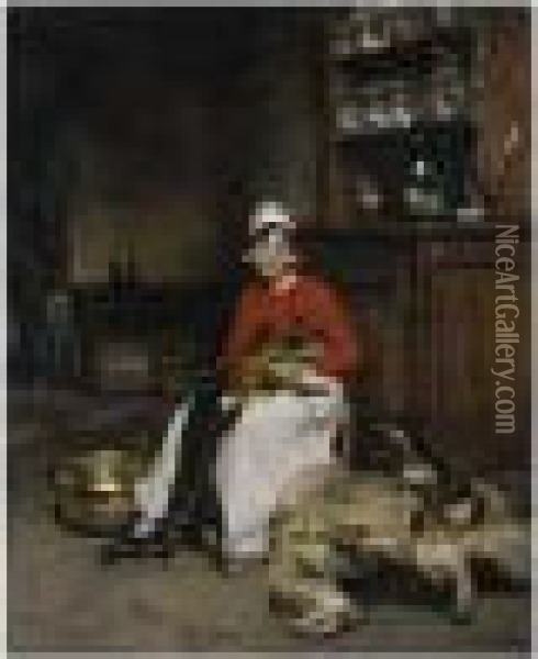 The Kitchen Maid With Three Puppies Oil Painting - Joseph Bail