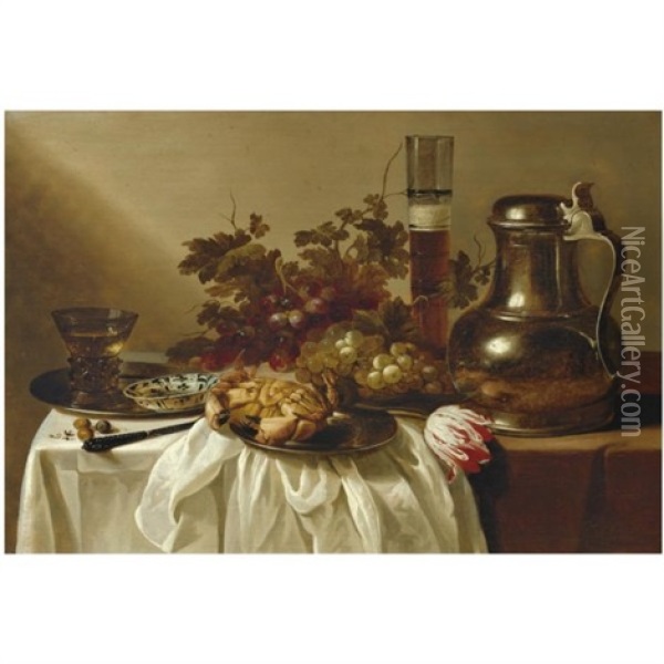 Still Life With A Pewter Flagon Together With A Glass Of Beer, A Crab, A Blue-and-white Dish And A Roemer On Pewter Dishes, Together With A Knife, Hazelnuts, A Tulip And Bunches Of Grapes On A Table P Oil Painting - Cornelis Cruys